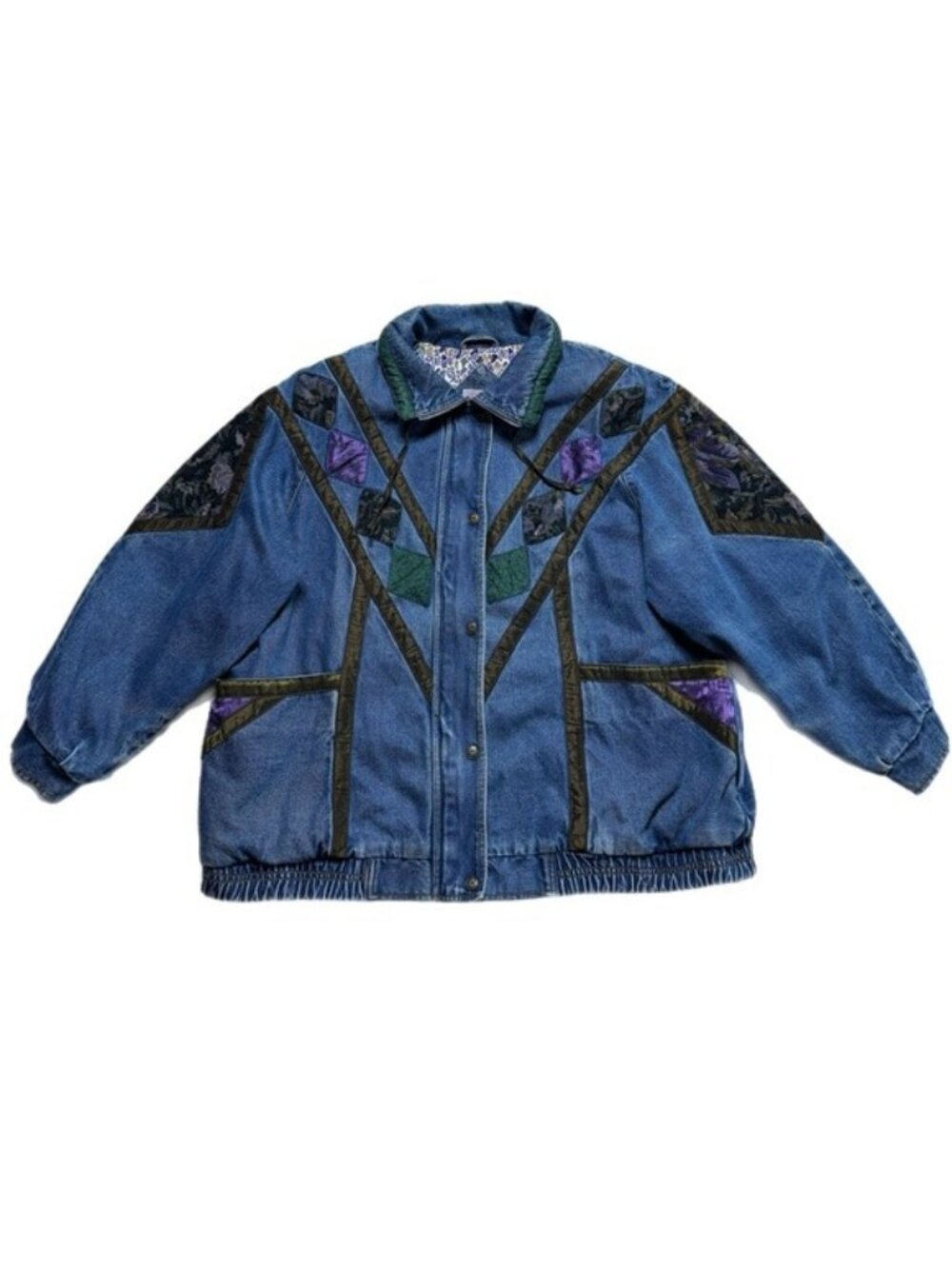 VTG 90s Denim Patchwork Tapestry Bomber Jean Jacket 20W 2X Embroidered Fall Boho